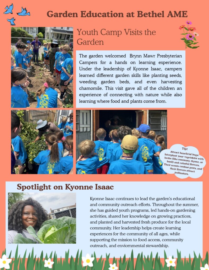 Page 2 of the June 2026 newsletter describing the garden education work with young people at Bethel AME Church of Ardmore.
